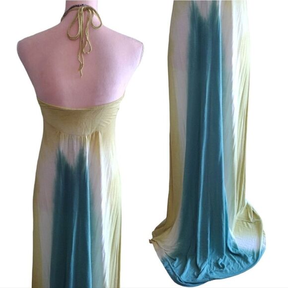 Y2K Yellow Green Tie Dye Viscose Embroidered Halter Maxi Dress Medium - Picture 10 of 16